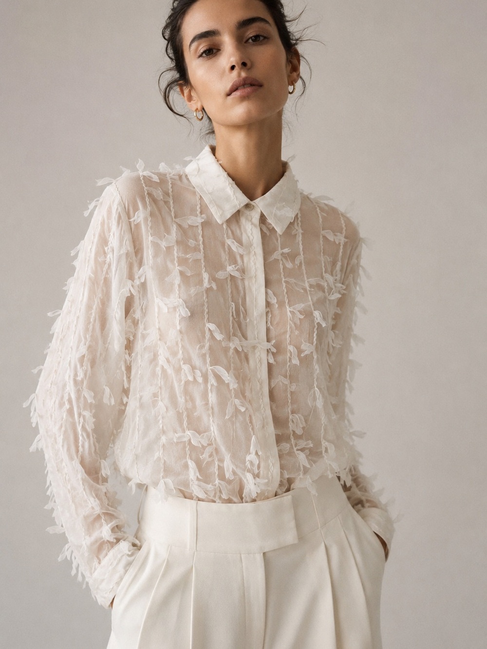 Sheer Textured Fringe Button Front Blouse Ivory fringe Ribbon appliqué Summer S